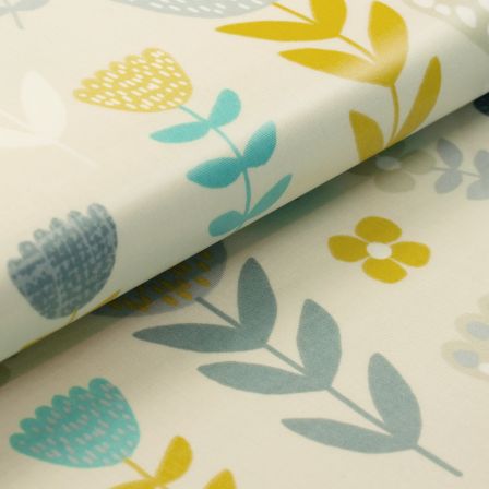 Canvas Baumwolle beschichtet "Annika/Blumen" (offwhite-türkis/gelb) von Fryett's Fabrics