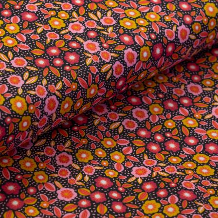 Wachstuch - Baumwolle beschichtet "Blumenmeer" (schwarz-pink/senfgelb)