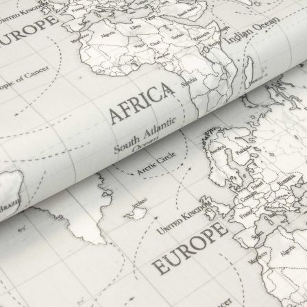 Canevas de coton enduit "Maps/carte du monde" (gris clair-blanc) de Fryett's Fabrics
