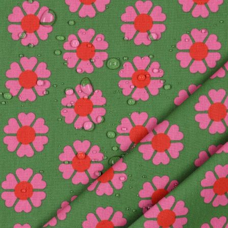 Toile cirée - coton enduit "Fleurs rétro" (vert-pink/rouge)