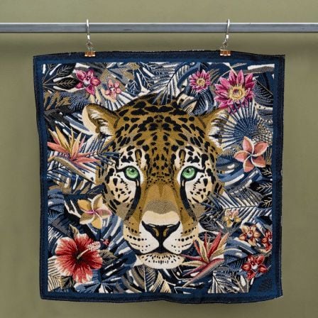 Jacquard Gobelin Panel "Leopardenkopf"  48 x 48 cm (blau-ocker/bunt)