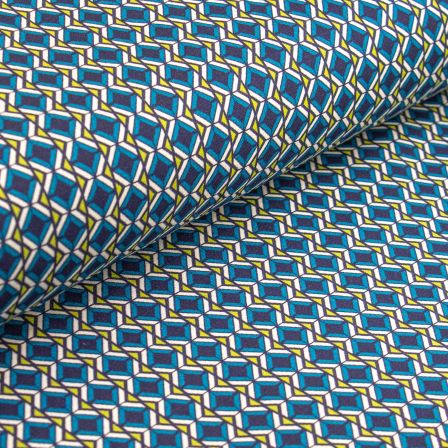 Twill en coton stretch "Géométrique Rétro" (bleu foncé-pétrole/écru)
