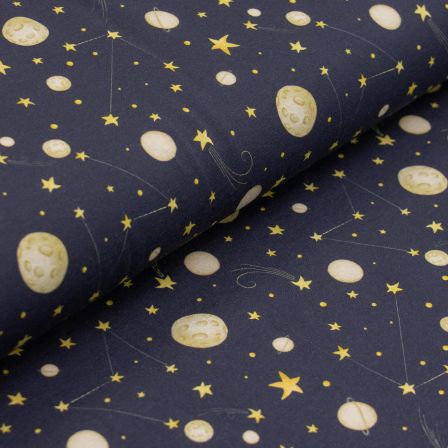Jersey Baumwolle "Planeten und Sterne" (dunkelblau-beige/gelb)