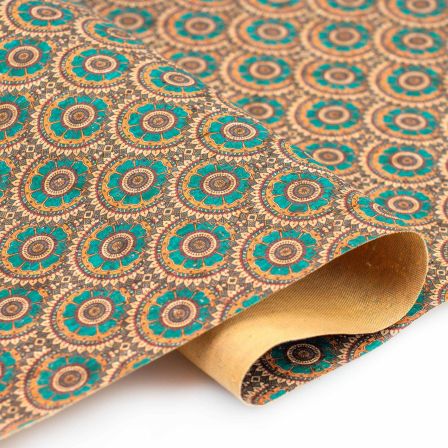 Tissu en liège "Corcoon - Mandala" (brun clair-turquoise/anthracite) de SWAFING
