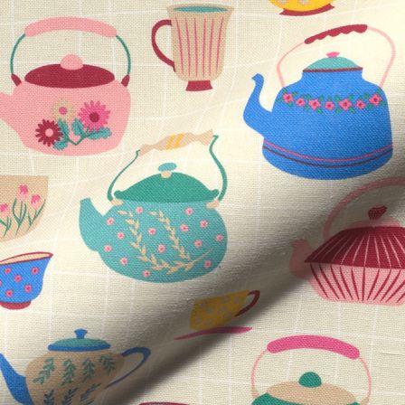Toile de coton "Tea Time" (écru-rose/bleu/jaune)