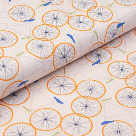 Canevas de coton bio "Moody Sunday - Vélos" (écru-lilas pastel/orange/bleu) par Paintbrush Studio Fabrics