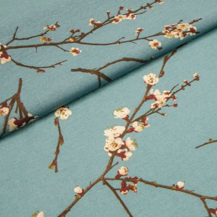 Canevas coton “Branche de cerisier en fleurs” (bleu acier)