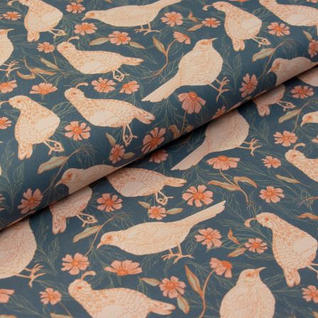 Canevas coton bio "Saltgrass/Birds and Bahaia" (bleu fumé-écru/orange) de Paintbrush Studio Fabrics