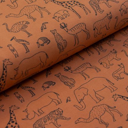 Sommersweat Baumwolle - French Terry "Safari Tiere" (terracotta-schwarz)