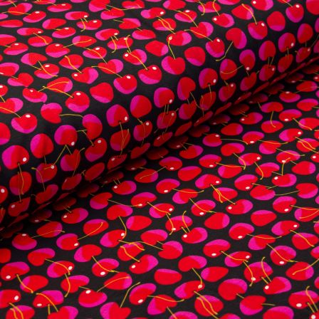 Jersey de coton "Cerises allover" (noir-rouge/rose)