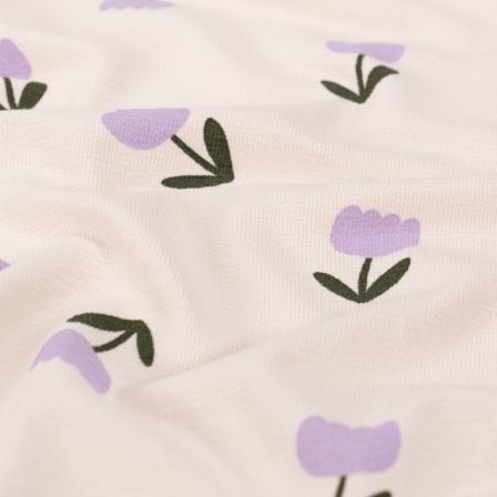 Crepe Sommersweat/French Terry Baumwolle "Tulpen" (ecru-lila/grün)