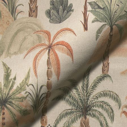 Canvas Baumwolle "Linen Look - Palmen/Affen" (natur-grün/hellorange)