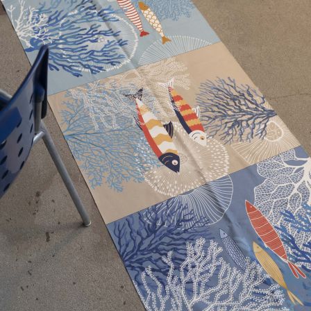 Twill Baumwolle Panel "Meer/Fische/Koralle" (blau/sand/rot)
