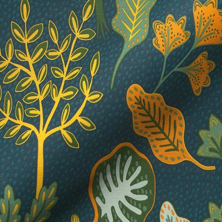 Canvas Baumwolle "Dschungelblätter" (dunkelpetrol-gelb/orange)