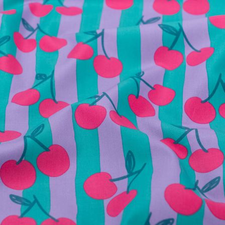 Popeline Baumwolle "Streifen/Kirschen" (türkis/lila-pink)