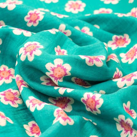 Double Gauze Baumwolle "Retro Blumen" (mint-ecru/pink)