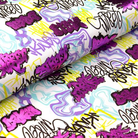 Sommersweat Baumwolle - French Terry "Graffiti Shiny" (weiss-violett/bunt)