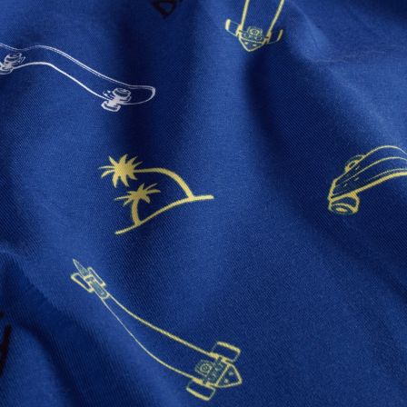 Jersey Baumwolle "Skateboard/Extra Fun" (blau-gelb/weiss/schwarz)