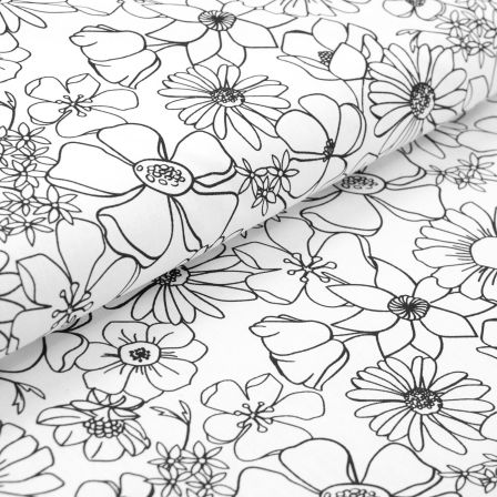 Tissu à colorier - coton "Fleurs" (blanc/noir)