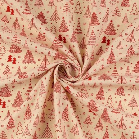 Baumwolle "Weihnachten/Tannenbäume" (hellbeige-rot)