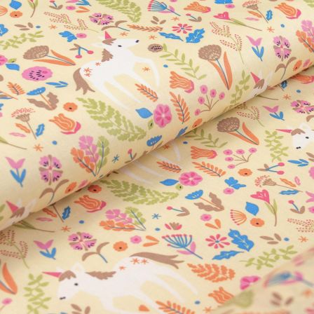 Toile cirée - coton enduit "Licorne" (jaune pastel-bleu/rose)