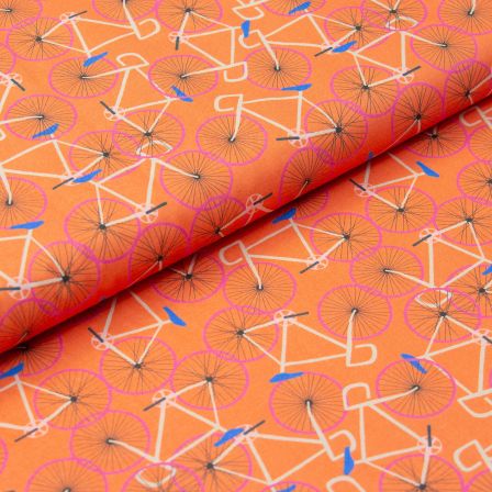 Bio-Baumwolle "Moody Sunday/Crazyride - Fahrrad" (orange-blau/pink/beige) von Paintbrush Studio Fabrics