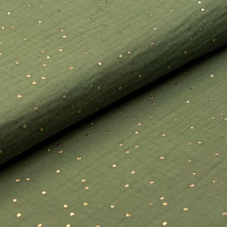 Double gaze de coton "Pois dorés" (vert fougère-doré)