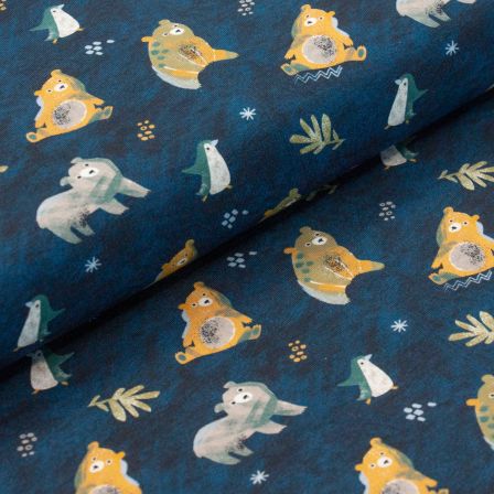 Jersey de coton bio "Ours et pingouin" (bleu foncé-ocre/gris)