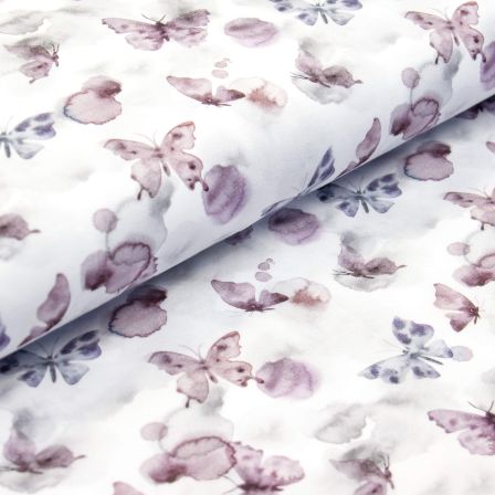Jersey de coton bio "Papillons à l'aquarelle" (blanc-violet)