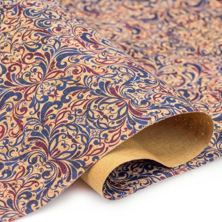 Tissu en liège "Corcoon - Arabesques" (brun clair-bleu/rouge foncé) de SWAFING