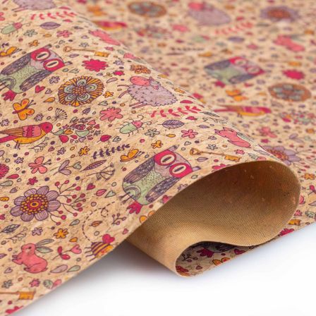 Tissu en liège "Corcoon - Fleurs & hiboux" (brun clair-lilas/rose) de SWAFING