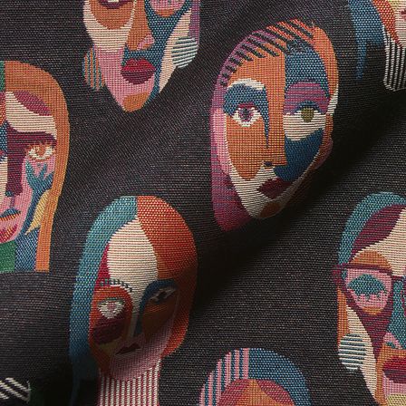 Tissu jacquard - gobelins "Faces/visages" (noir-multicolore)