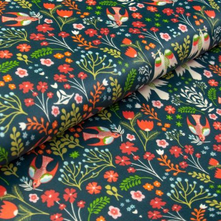 Canevas de coton - enduit "Folklore/oiseaux" (vert noir-rouge/vert) de Fryett’s Fabrics