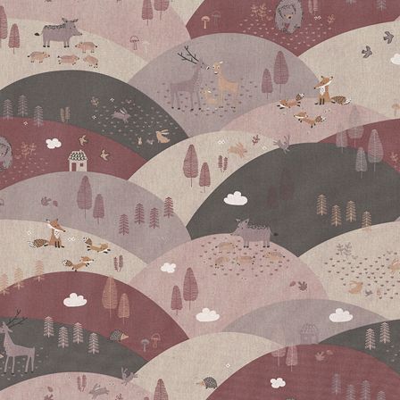 Canvas Baumwolle "Linen Look - Tiere in den Bergen" (natur-rosa/graulila)