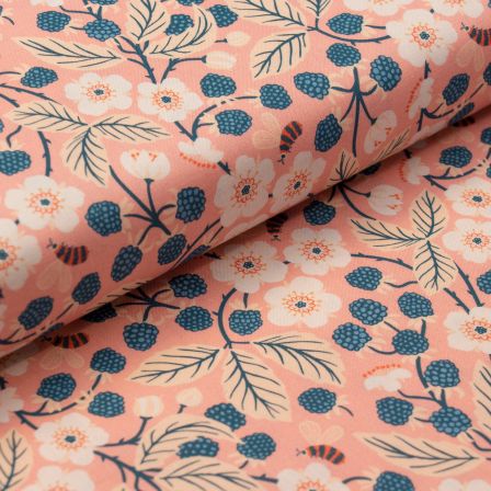 Tissu coton bio "Tiny and Wild/Bramble Ramble" (rose-bleu pétrole/blanc) de Cloud9 Fabrics