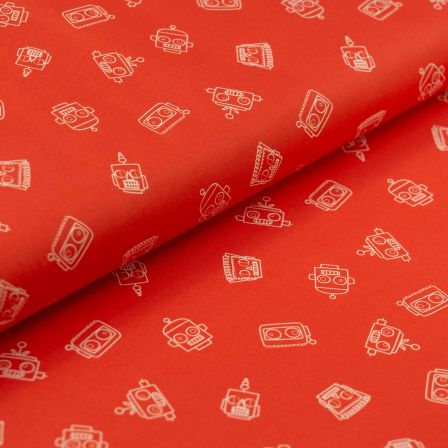 Tissu en coton "Robots in Orbit" (rouge-blanc) de Paintbrush Studio Fabrics
