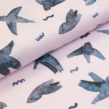 Canevas coton "Oiseaux" (rose pàle-gris bleu) de halfbird