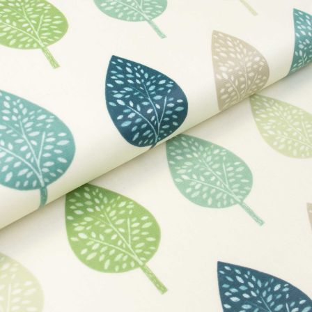 Canevas de coton - enduit "Skara/arbres scandi" (crème-pétrole/vert) de Fryett’s Fabrics