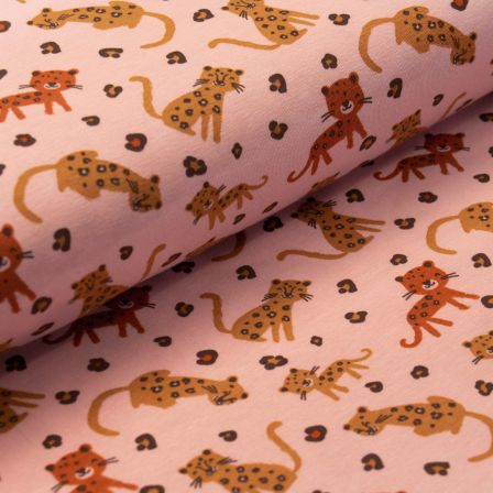 Jersey de coton bio "Famille de léopards" (rose-camel/rouille)