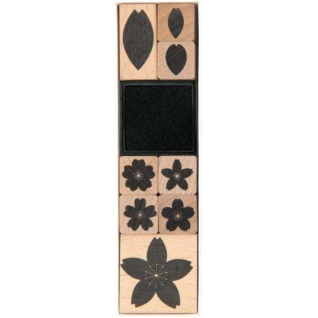 Set de tampons en bois “Sakura - fleurs de cerisier avec encre” - 9 pièces de RICO DESIGN