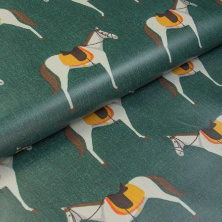 Canvas Baumwolle - beschichtet "Cheval/Pferd" (dunkelgrün-hellgrau/dunkelgelb) von Fryett’s Fabrics