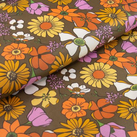 Wachstuch - Baumwolle beschichtet "Blumen" (braun-gelb/orange/rosa)