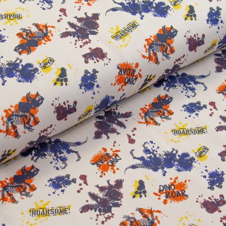 Jersey de coton "Squelette de dinosaure/peinture" (blanc-bleu/orange/jaune)