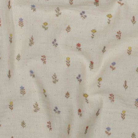 Double gaze coton bio "Petites fleurs" (écru-bleu/rouge/jaune)