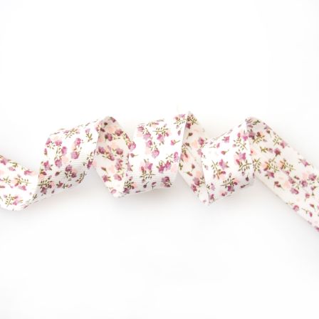 Biais coton bio "Fleurs" 20 mm (blanc-lilas/rose)