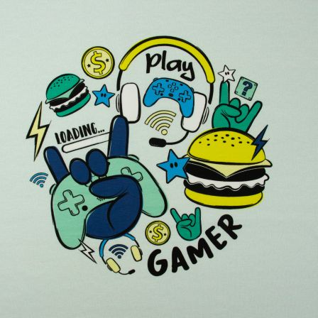 Jersey Baumwolle Panel "Happy Gamer by lycklig design" (pastellmint-gelb/blau) von Swafing
