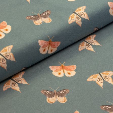 Jersey de coton bio "Papillons" (bleu jean-beige/rose)