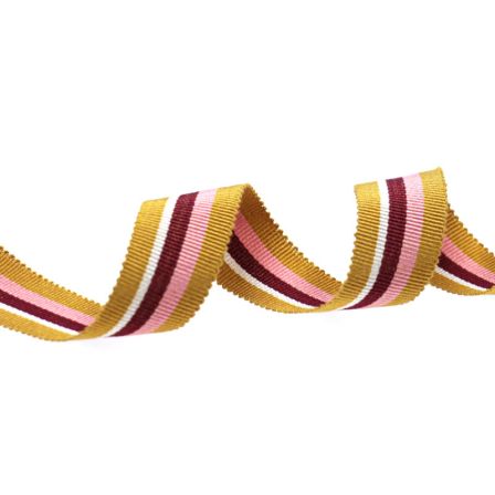 Ruban de reps coton "Multi rayures" 25 mm (jaune moutarde-bordeaux/rose)