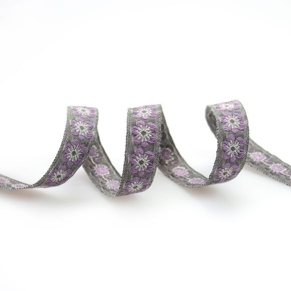 Ruban tissé coton "Fleurs" 15 mm (gris foncé-lilas) de C.PAULI