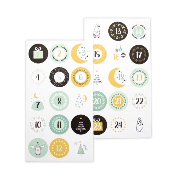 Stickers pour calendrier de l'avent "Imagine Christmas", 1-24, Ø 25 mm (or/noir/menthe)